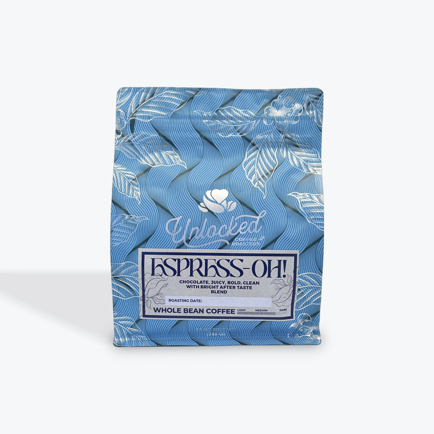 Best whole bean coffee online features "Espress-OH!" line from Unlocked Coffee Roasters, has notes of chocolate, juicy, bold, clean with Bright Aftertaste blend, in Blue packaging, on a white background, as seen at BlazeMtn.com