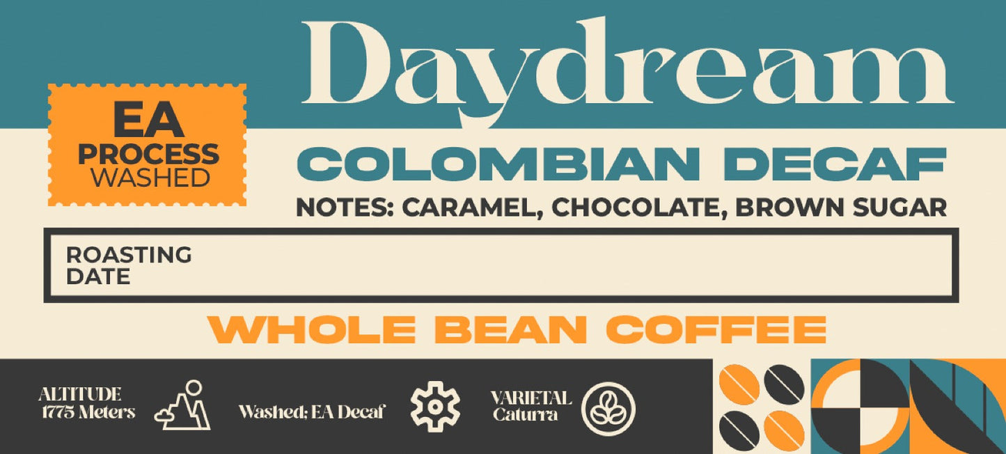 Coffee label for 'Daydream Colombian Decaf' with branding and product - Best whole bean and ground decaf coffee online features small batch freshness from Unlocked Coffee Roasters, with notes of caramel, chocolate, and brown sugar, packaged in a blue airtight bag, resting on a white background, as seen at BlazeMtn.com - the best of the Carolinas.