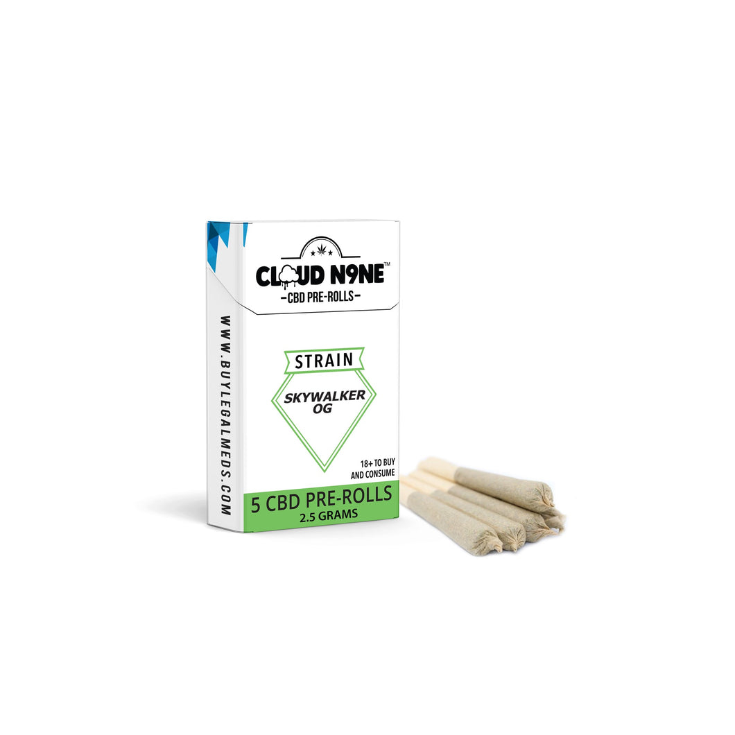 Cloud N9ne CBD Flower: 5 Pack Pre-Rolls – Strain: SkyWalker OG (Indoor)